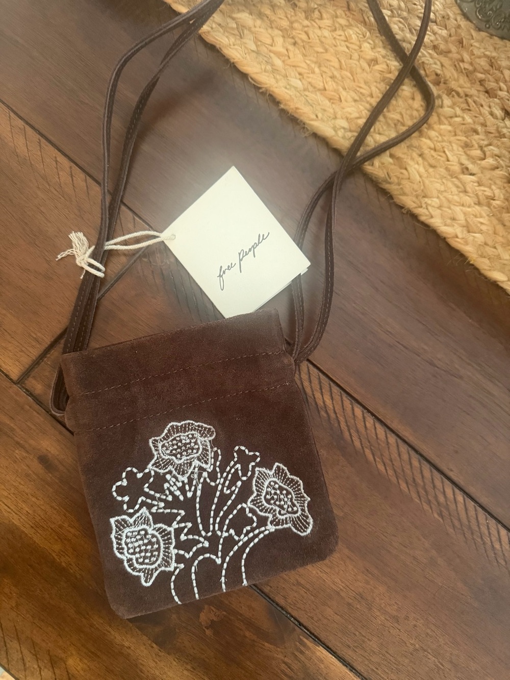 Free People Brown Suede Crossbody with White Floral Embroidery